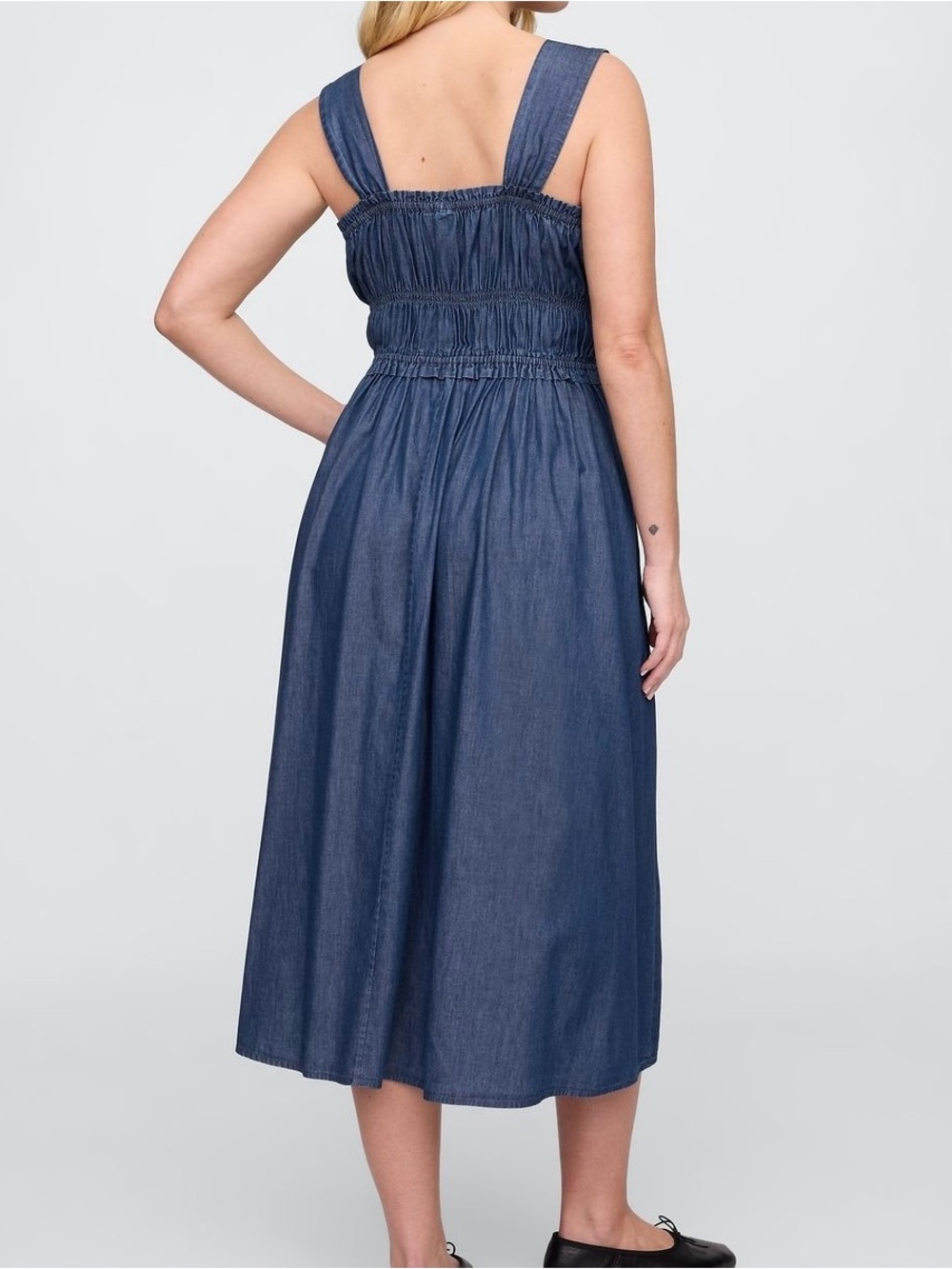 Gap Denim Milkmaid Cotton Western Smocked Tie Front Midi Casual Dress, Size XL - Picture 14 of 15
